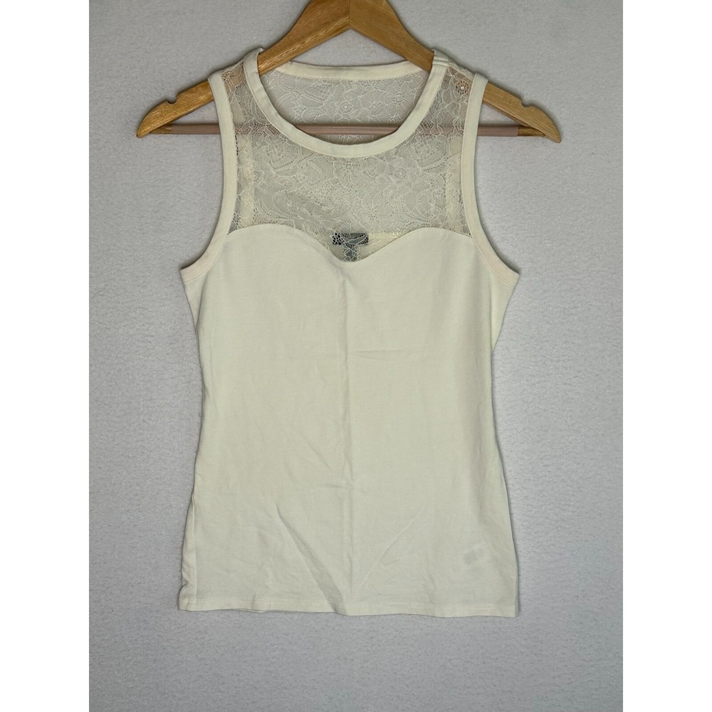 Express Off White Lace Yoke Tank Top Womens Size XS Ivory Sweetheart Neck